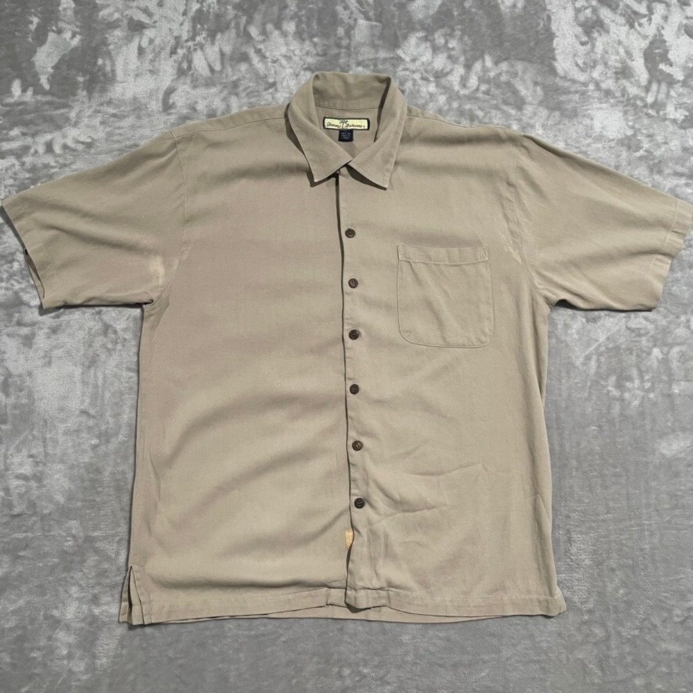 Tommy Bahama Shirt Mens Large Brown Hawaiian Silk Beach Camp Relax Embroidered